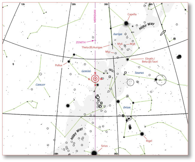 Chart of sky around constellation Auriga.