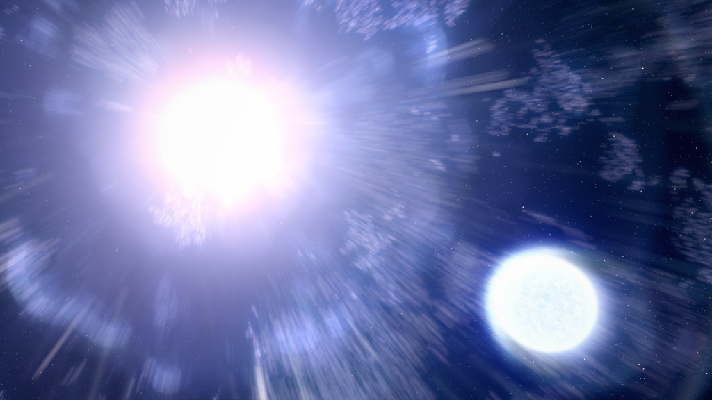 An exploding star next to a smaller star.