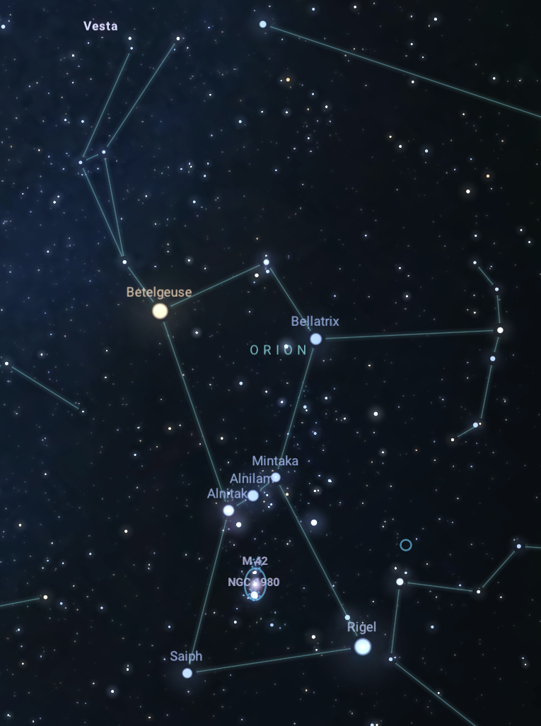 (Alt text: The Orion constellation with light blue lines and dots representing stars. The star, Betelgeuse is reddish-orange, and other named stars are blueish white)