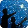 Title: Night Sky Network logo - Description: Logo for the NASA Night Sky Network featuring an adult pointing upwards at the night sky as a child observes with a telescope.